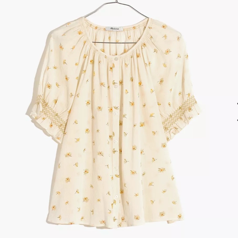 Smocked Button-Up Top in French Daisies